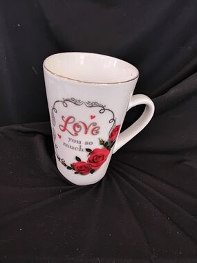 White Ceramic 'Love You So Much' Mug with Red Rose Accents